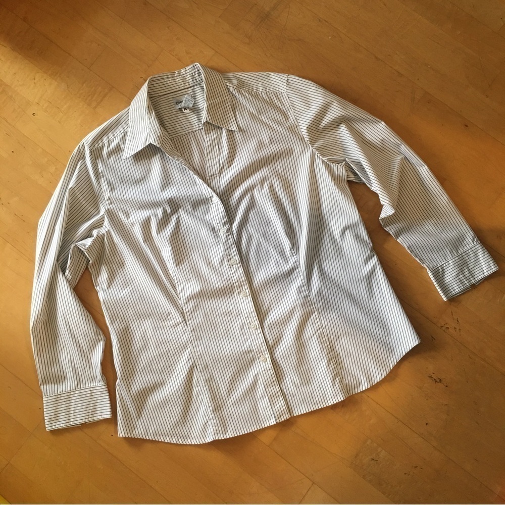 Chico’s White, Button Down Shirt with Navy and Gold Metallic Stripes, Size 3